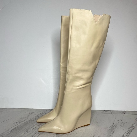 Schutz Asya Up Eggshell Leather Pointy Toe Wedge Tall Boot 8 1/2 B - Picture 16 of 16